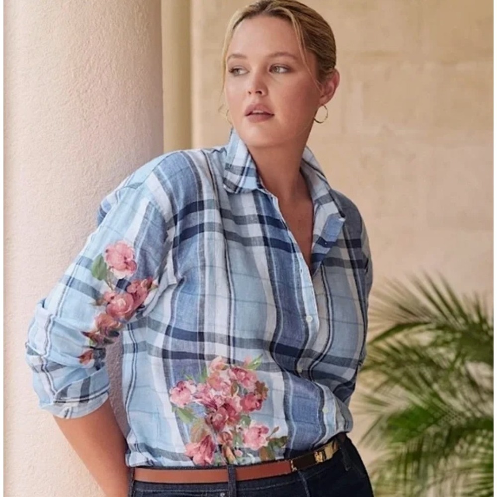 Lauren‎ Ralph Lauren 100% LINEN Plaid Floral Button Down Shirt Coastal Nautical